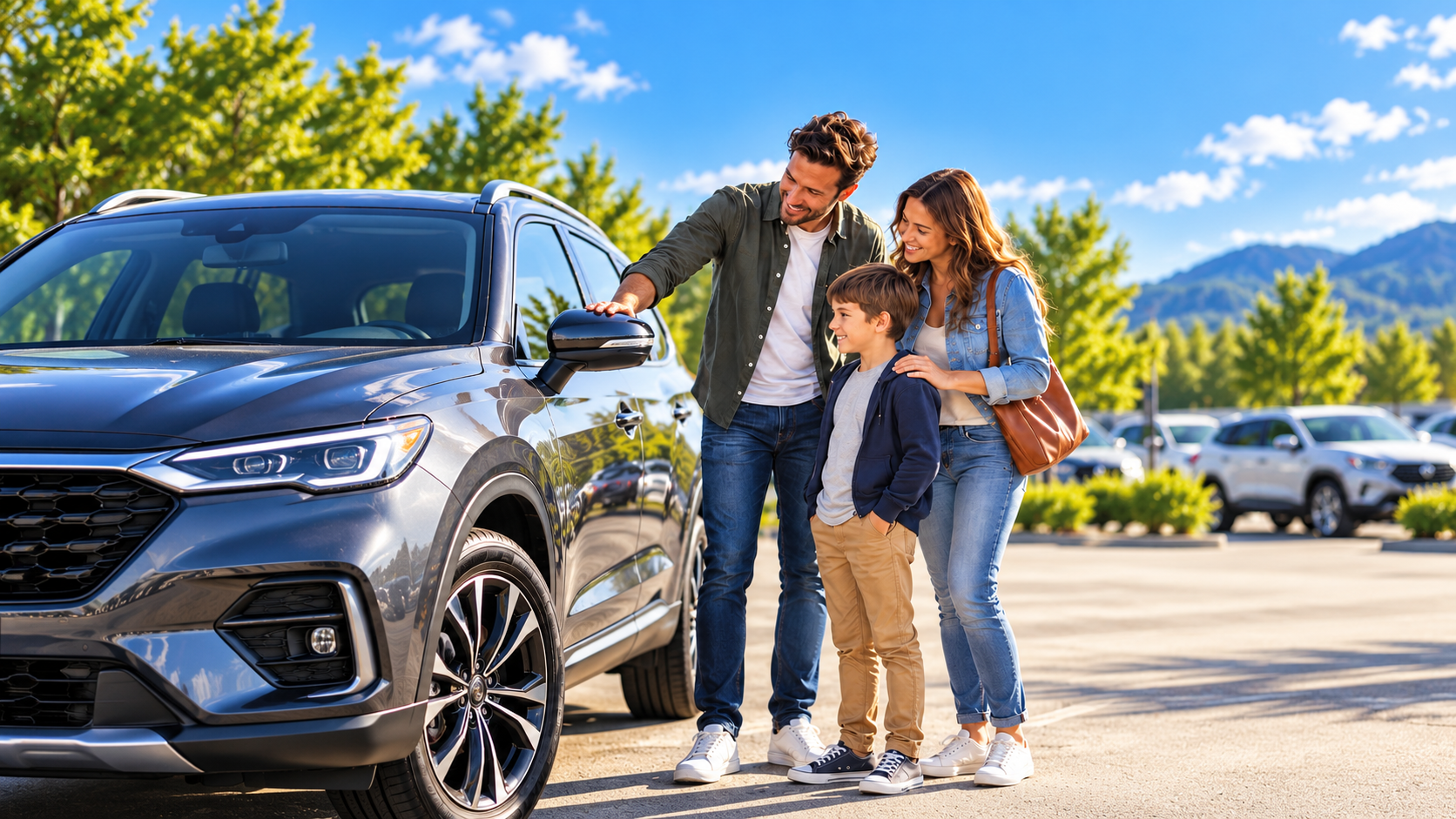 Family beside a used SUV